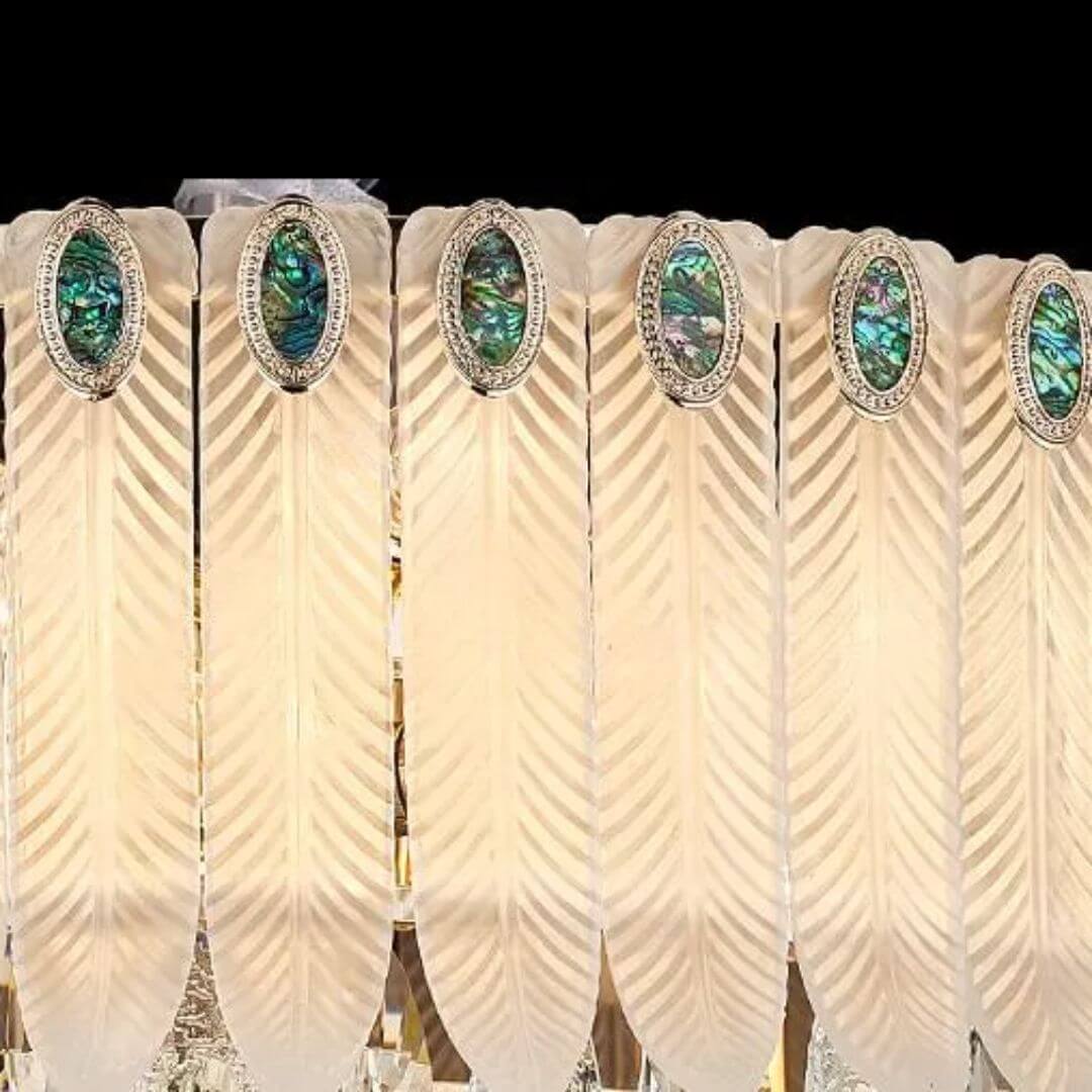 Radiance Ceiling Light Turned On – Detailed View of Leaf Design with Gold and Crystal Finish