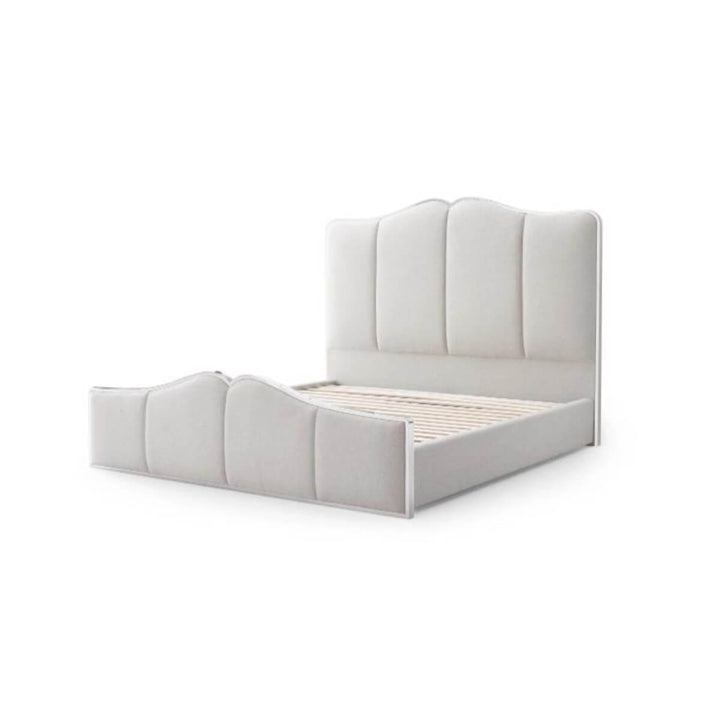 Side view of Radiant Rest comfortable cotton linen bed frame without mattress, showcasing sleek design