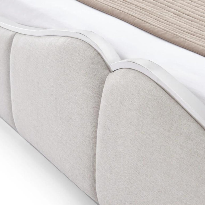 Close-up of Radiant Rest comfortable cotton linen bed headboard showing fabric texture and stitching