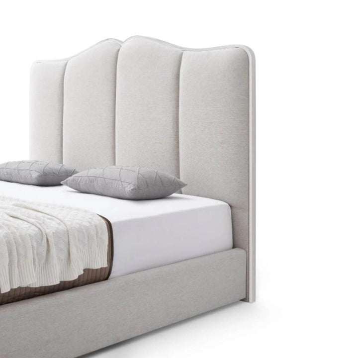 Side view of Radiant Rest comfortable cotton linen bed showcasing breathable fabric and sturdy frame