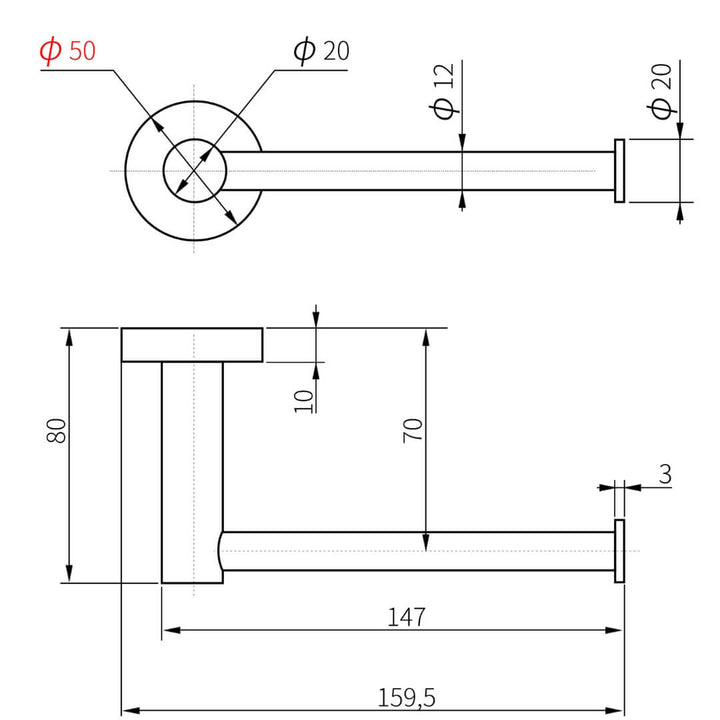 Dimension diagram of Raxon toilet paper holder from Eclipse collection, showing measurements and installation details