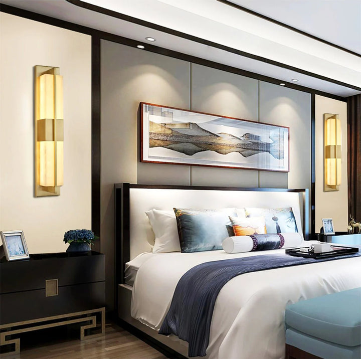 Rectangular alabaster brass wall sconce luxury lighting bedside view elegant decor