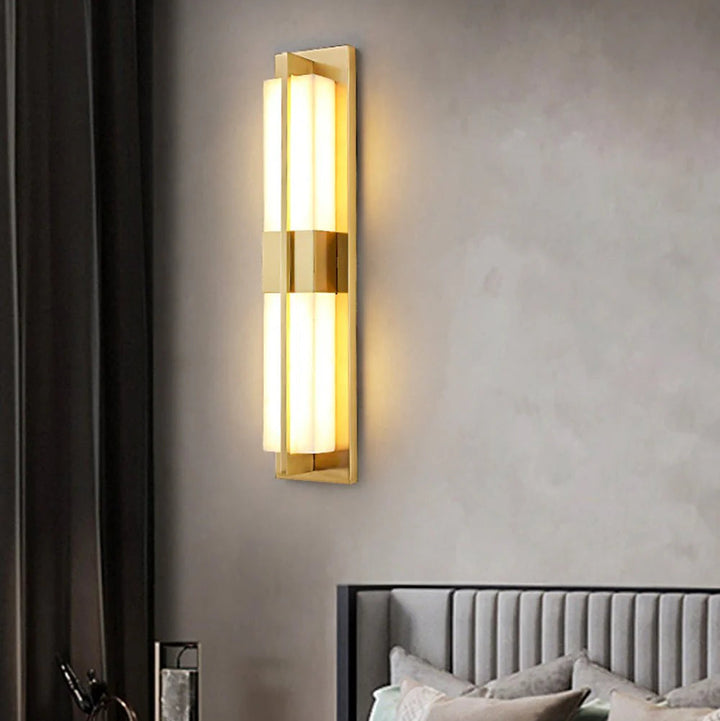 Rectangular alabaster brass wall sconce luxury lighting bedside view modern decor