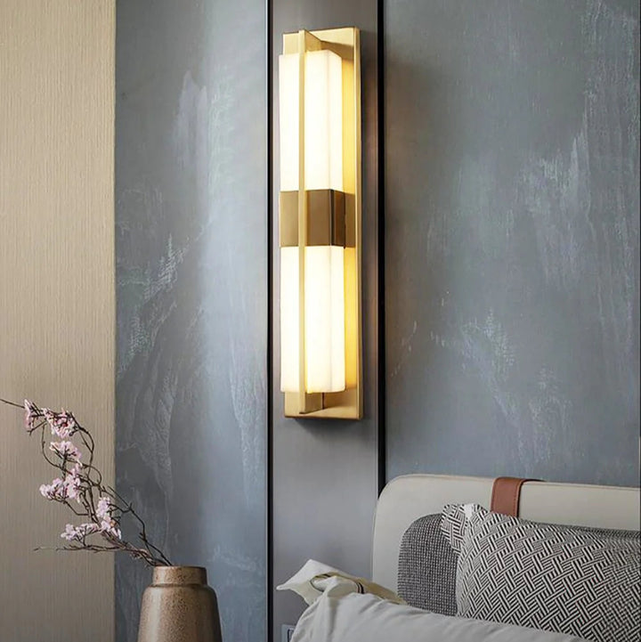Rectangular alabaster brass wall sconce luxury lighting bedside side view modern decor