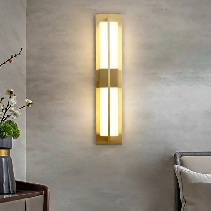 Rectangular alabaster brass wall sconce luxury lighting bedside front view elegant decor