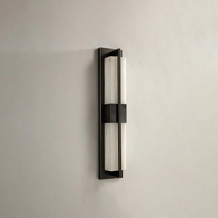 Rectangular alabaster brass wall sconce luxury lighting black wall mount side view modern decor