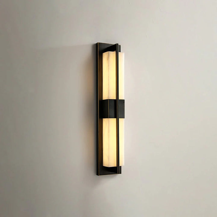 Rectangular alabaster brass wall sconce luxury lighting turned on side view modern decor