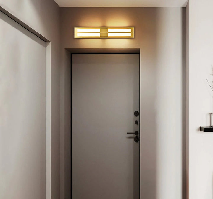 Rectangular alabaster brass wall sconce luxury lighting installed above home gate elegant decor