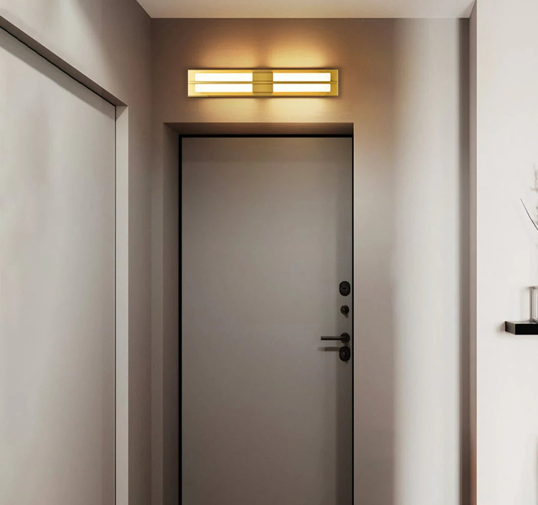 Rectangular alabaster brass wall sconce luxury lighting installed above home gate elegant decor