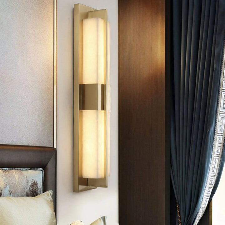 Rectangular alabaster brass wall sconce luxury lighting side view modern elegant home decor