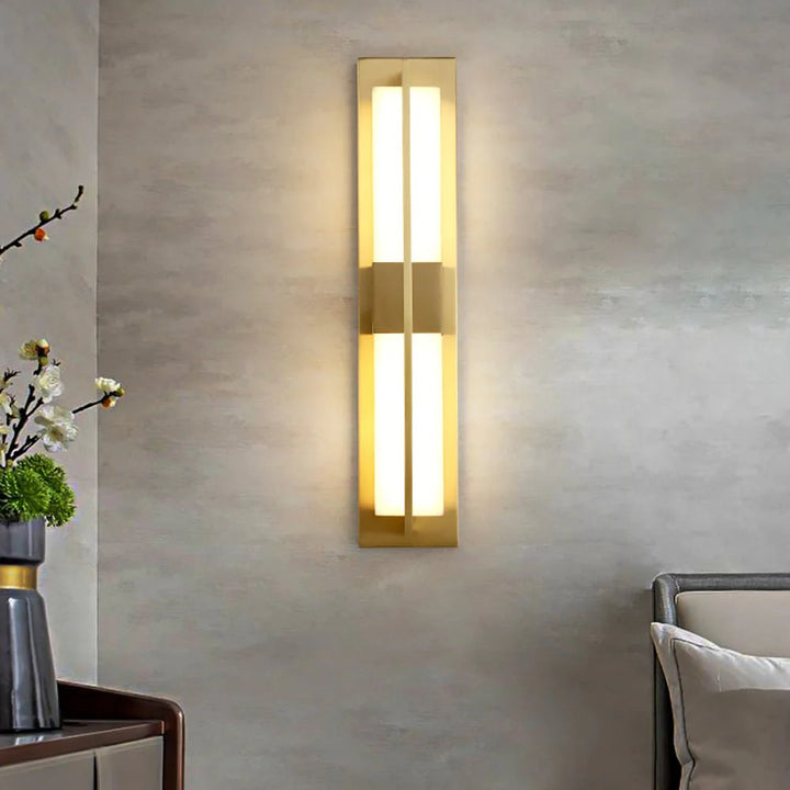Rectangular alabaster brass wall sconce luxury lighting living room wall front view modern decor