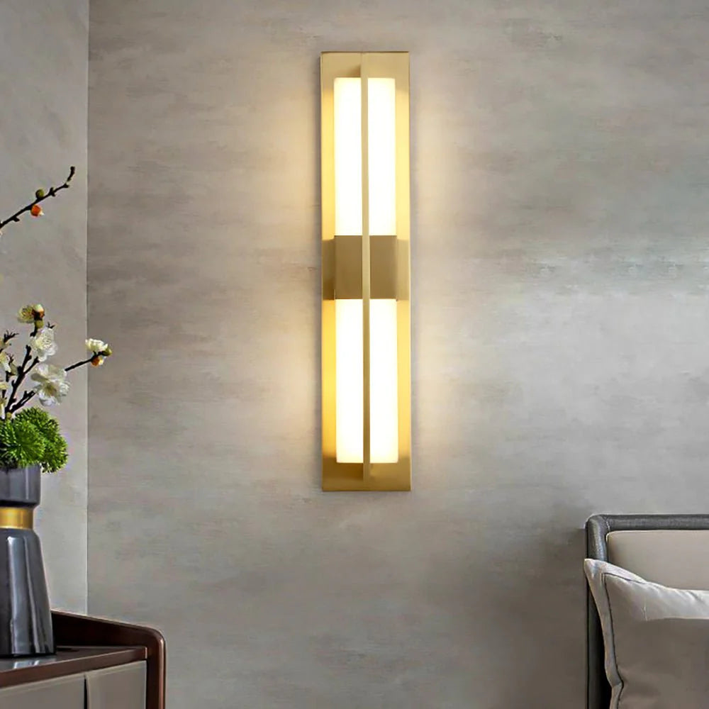 Rectangular alabaster brass wall sconce luxury lighting living room wall front view modern decor