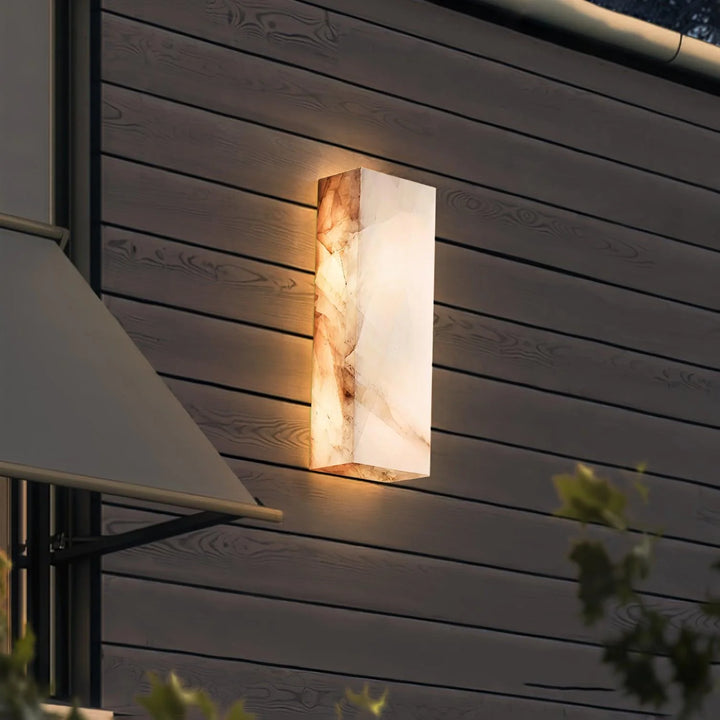 Outside view of Rectangular Alabaster Wall Sconce turned on, modern lighting, elegant home décor