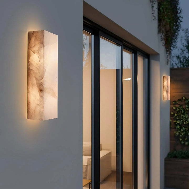Outside view of Rectangular Alabaster Wall Sconce, modern lighting, elegant home exterior décor