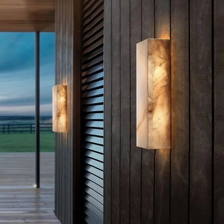 Outside view of Rectangular Alabaster Wall Sconce, modern lighting, elegant home exterior décor