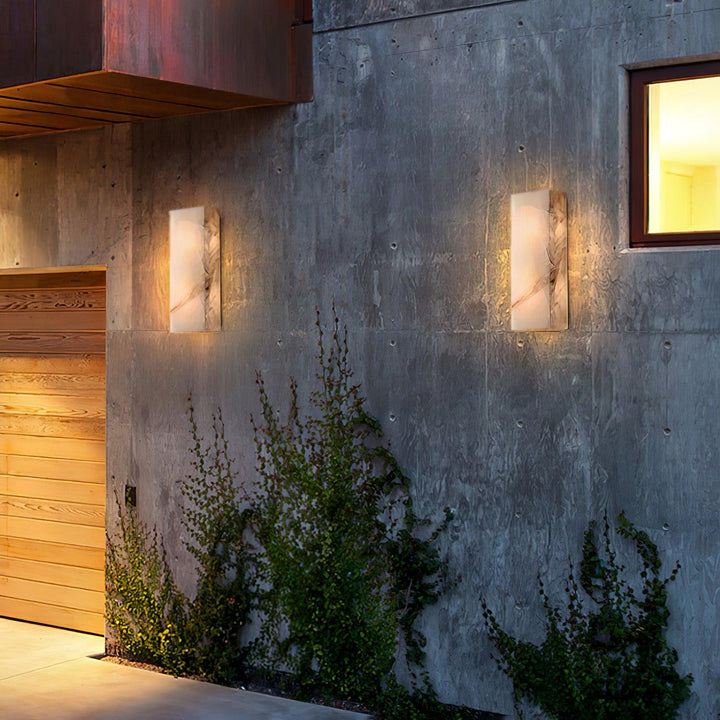 Outside view of Rectangular Alabaster Wall Sconce, modern lighting, elegant home exterior décor