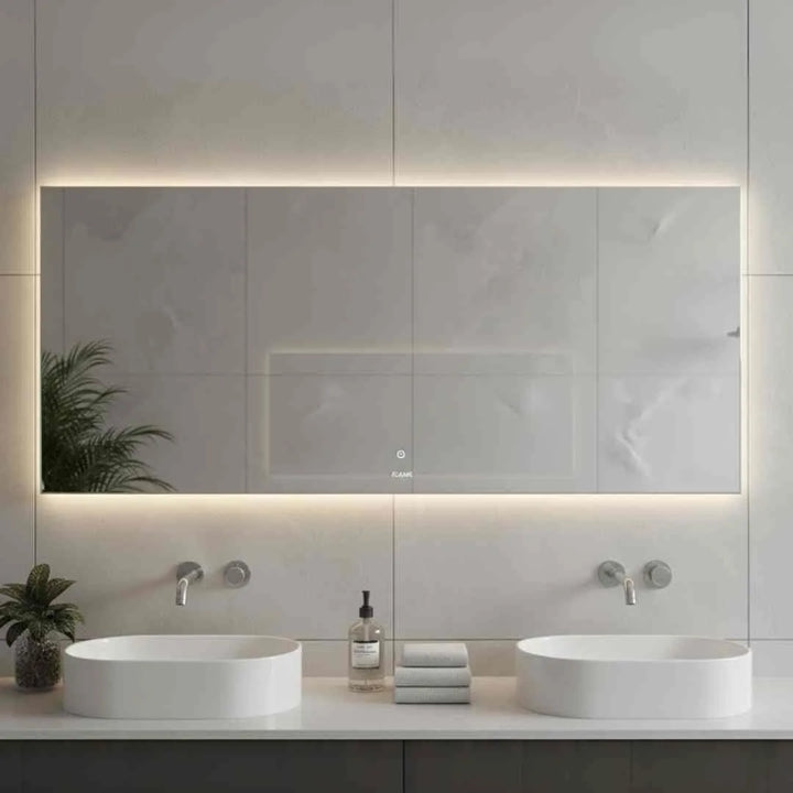 Rectangular LED backlit bathroom mirror front view with sleek modern design for bright lighting