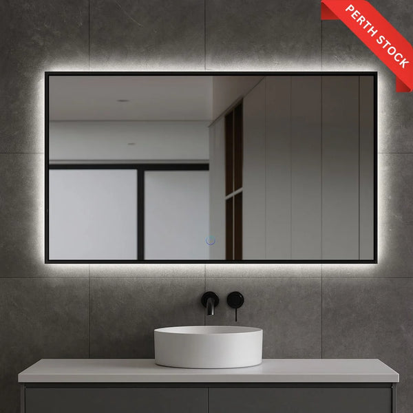 Rectangular LED backlit bathroom mirror side view showcasing modern design and bright lighting
