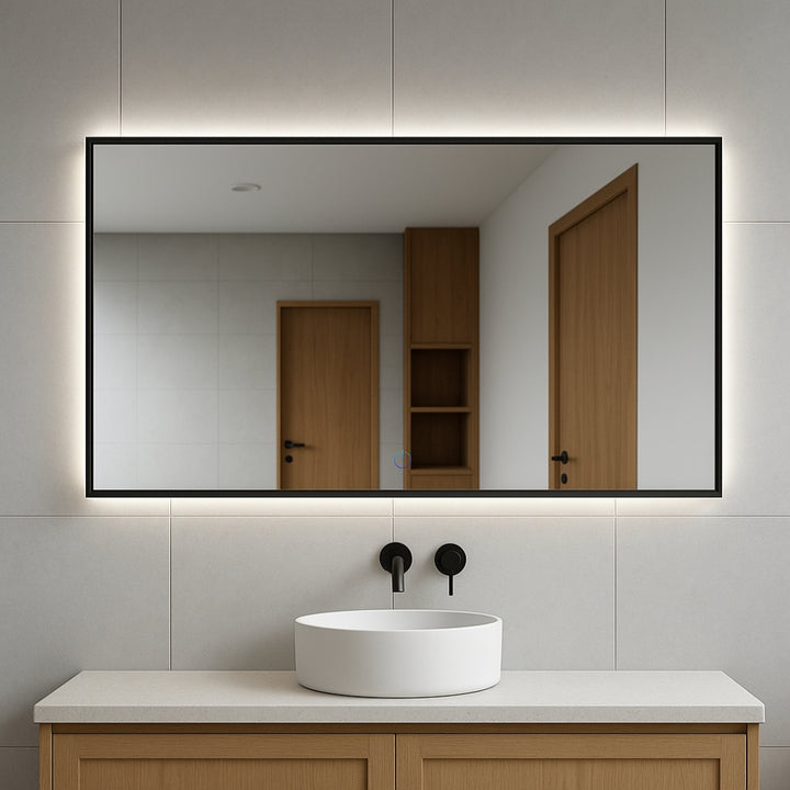 Rectangular LED backlit bathroom mirror side view showcasing modern sleek design and lighting