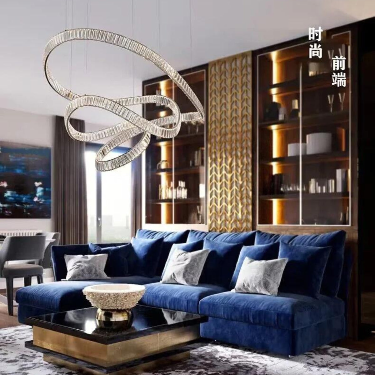 Reflected chandelier light in Australian living room, casting elegant light patterns and enhancing modern interior ambiance.