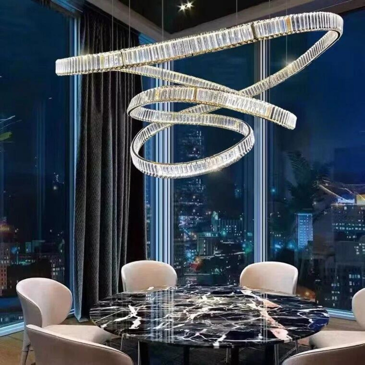 Reflected chandelier light in Australian living room, casting elegant light patterns and enhancing modern interior ambiance.