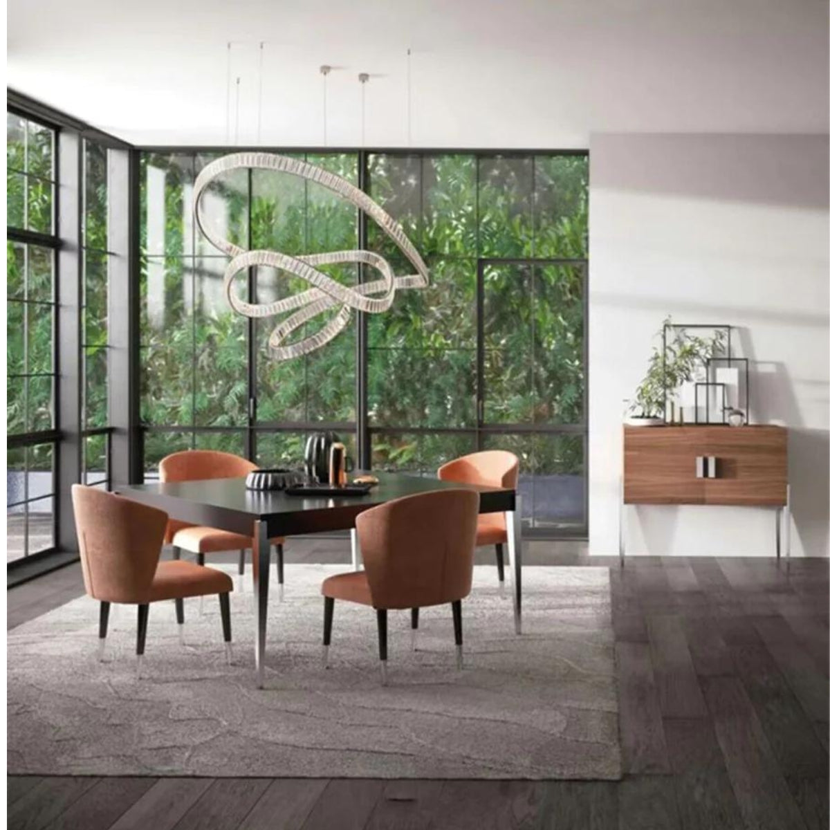 Reflected chandelier light illuminating living room dining table, adding sophisticated sparkle and ambient warmth