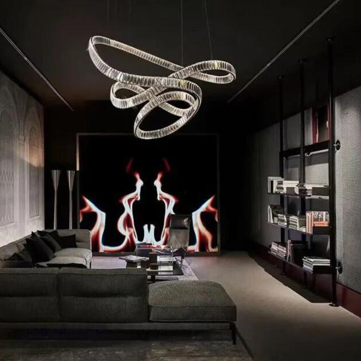 Reflected chandelier light in Australian living room, adding refined elegance and radiant illumination to the space
