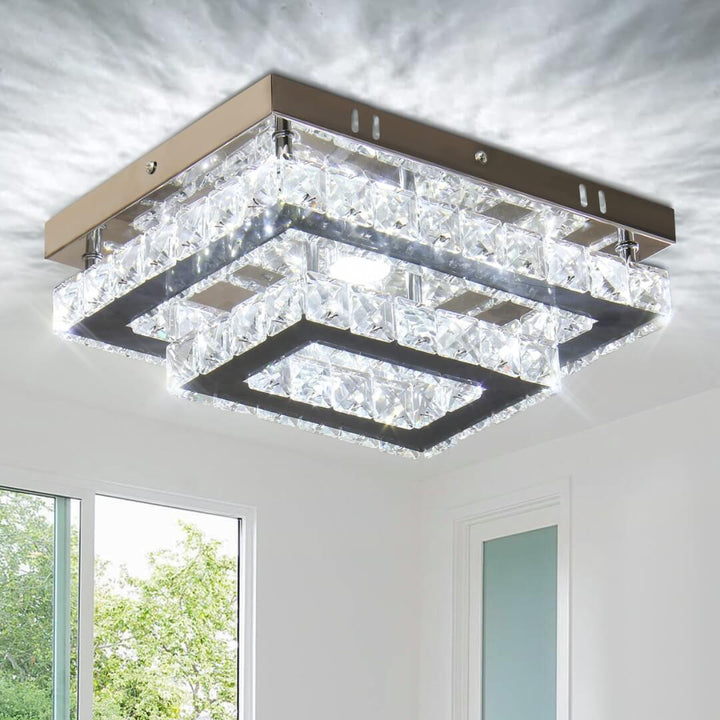 Regal chandelier flush mount installed on ceiling – featuring K9 crystals, stainless steel mirror finish, and integrated LED lighting for a luxurious ambiance