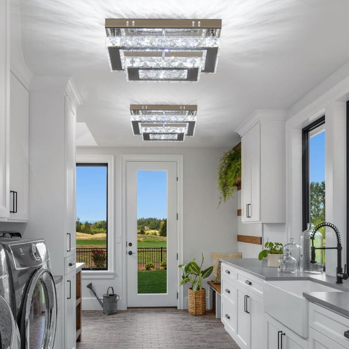 Regal chandelier flush mount installed on ceiling – featuring K9 crystals, stainless steel mirror finish, and integrated LED lighting for a luxurious ambiance