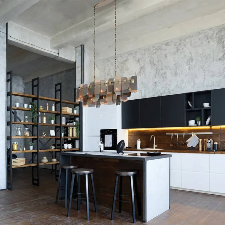 Renato 11-bulb rectangular chandelier with amber smoky glass installed above kitchen dining table – stylish lighting enhancing warm and modern ambiance.