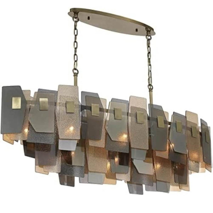 Side view of Renato 11-bulb rectangular chandelier featuring amber smoky glass – modern elegant lighting with warm ambient glow.