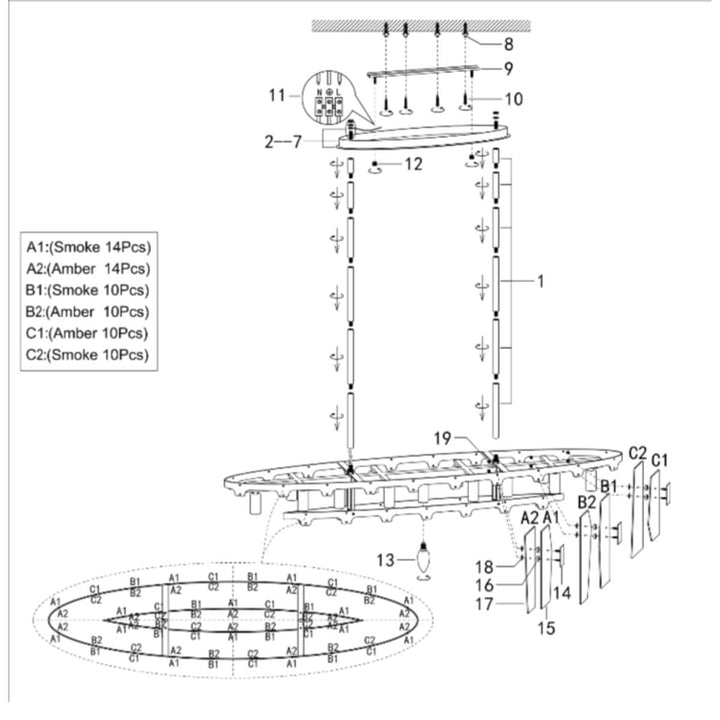 Renato rectangular chandelier diagram – amber smoky glass.