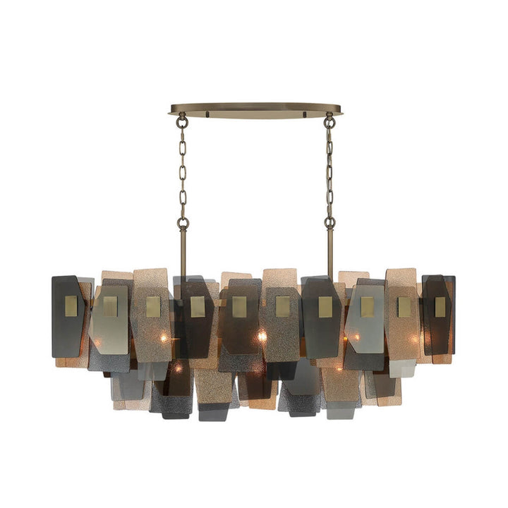 Detailed close-up of Renato 11-bulb rectangular chandelier with amber smoky glass – showcasing textured glass and elegant metal frame craftsmanship.