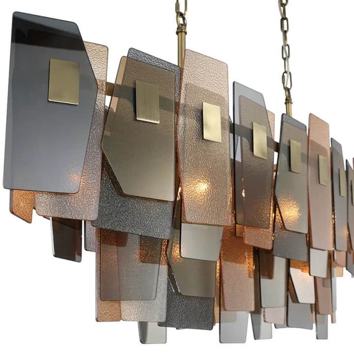 Renato rectangular chandelier close-up – amber smoky glass details.