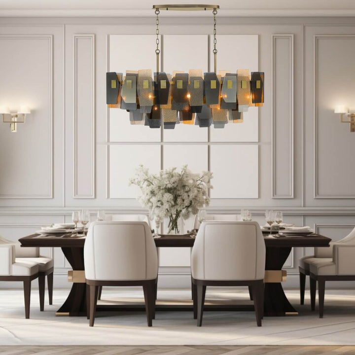 Renato 11-bulb rectangular chandelier with amber smoky glass hanging above dining table – warm and elegant lighting for modern dining spaces.