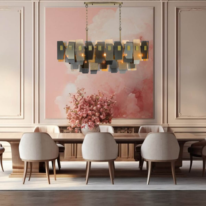 Renato rectangular chandelier over dining table – amber smoky glass.