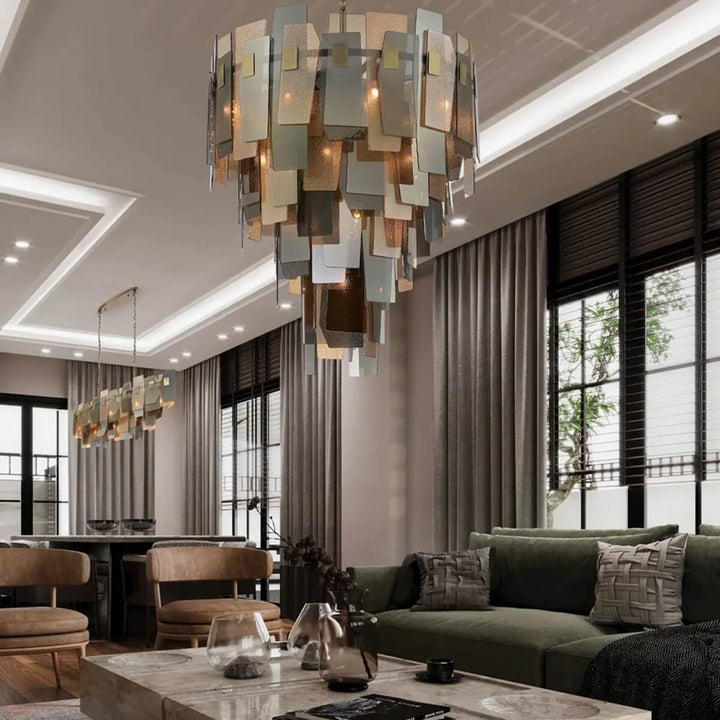 Renato 11-bulb rectangular chandelier with amber smoky glass installed in living room – stylish lighting adding warmth and elegance.