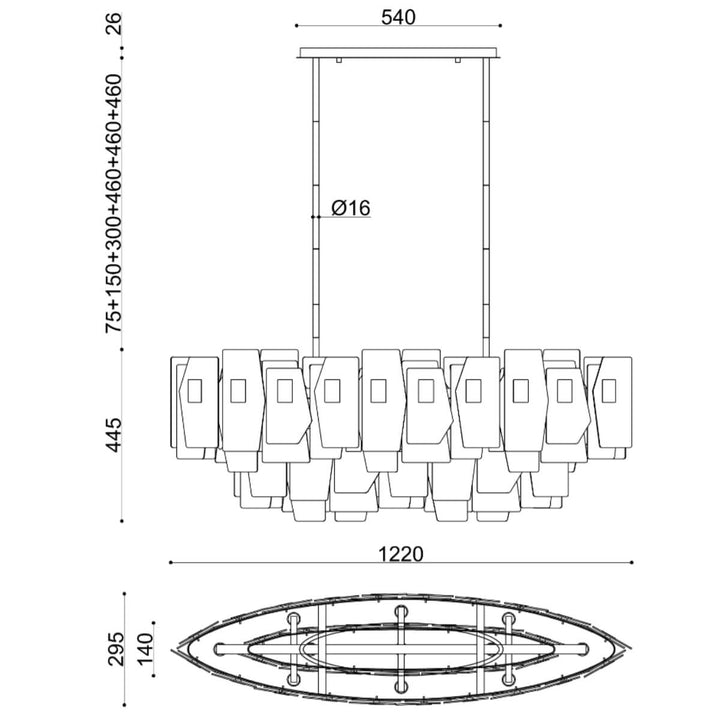 Diagram of Renato 11-bulb rectangular chandelier with amber smoky glass – detailed dimensions and design layout for installation.