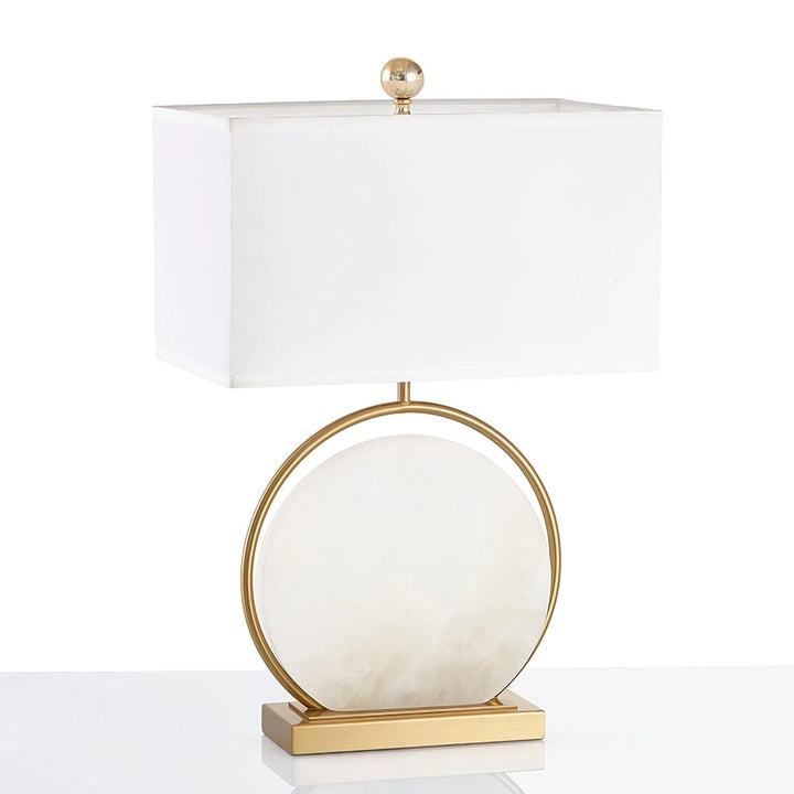 Side view of Roma white marble table lamp, featuring elegant modern design with warm ambient lighting