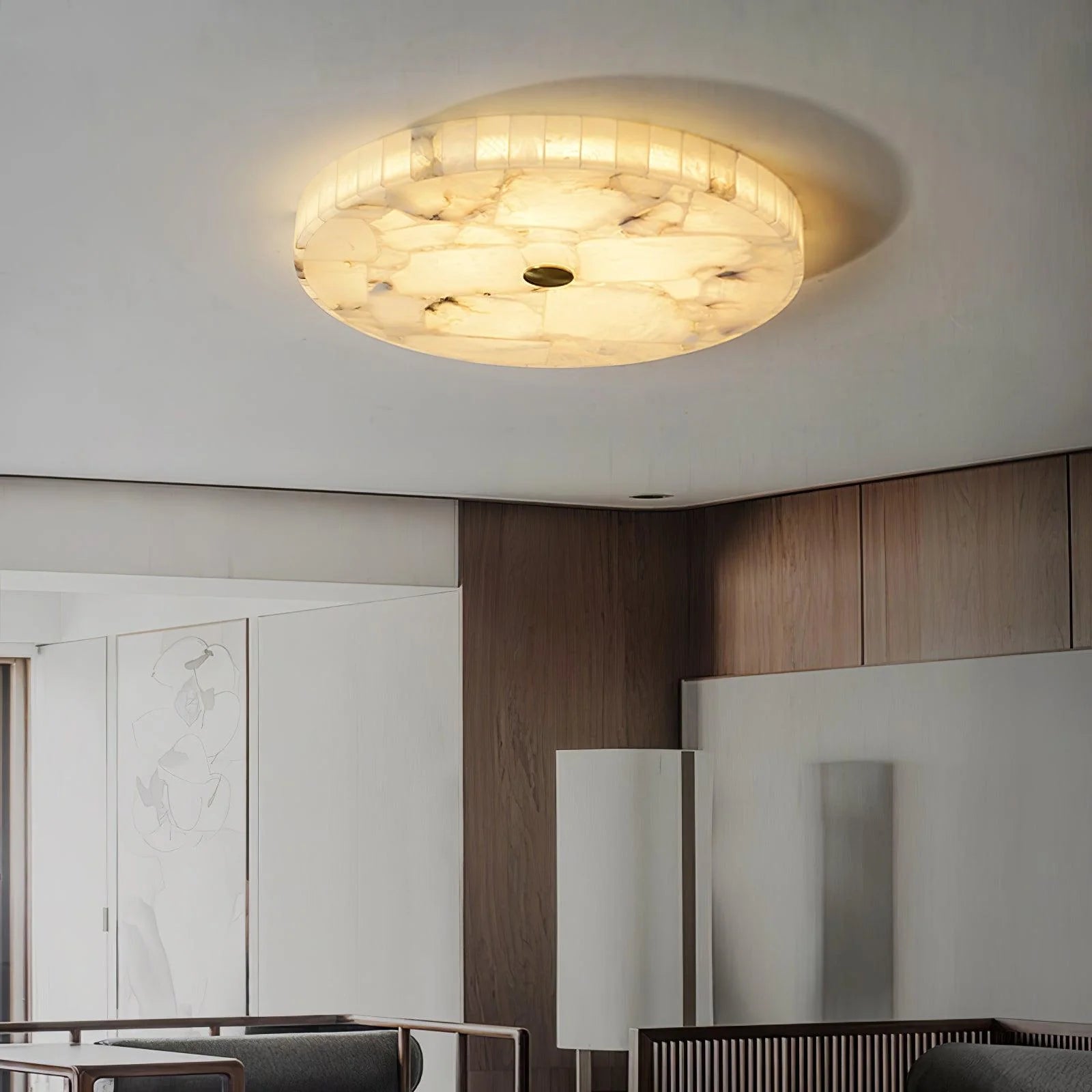 Round alabaster ceiling lamp, modern lighting decor for stylish home interiors