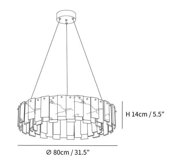Technical drawing of round alabaster chandelier – detailed schematic showing dimensions and design features.