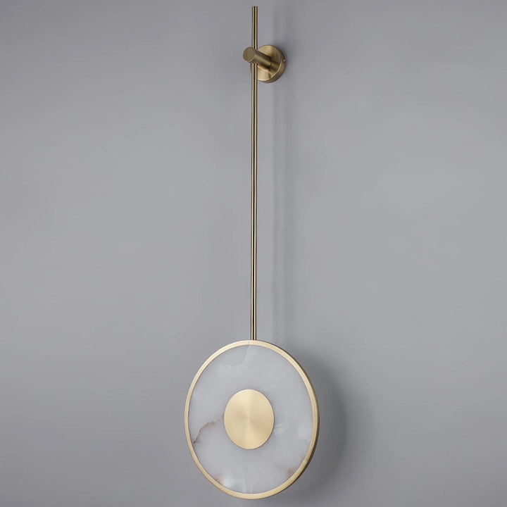 Round alabaster marble wall lamp, modern lighting, side view for living room