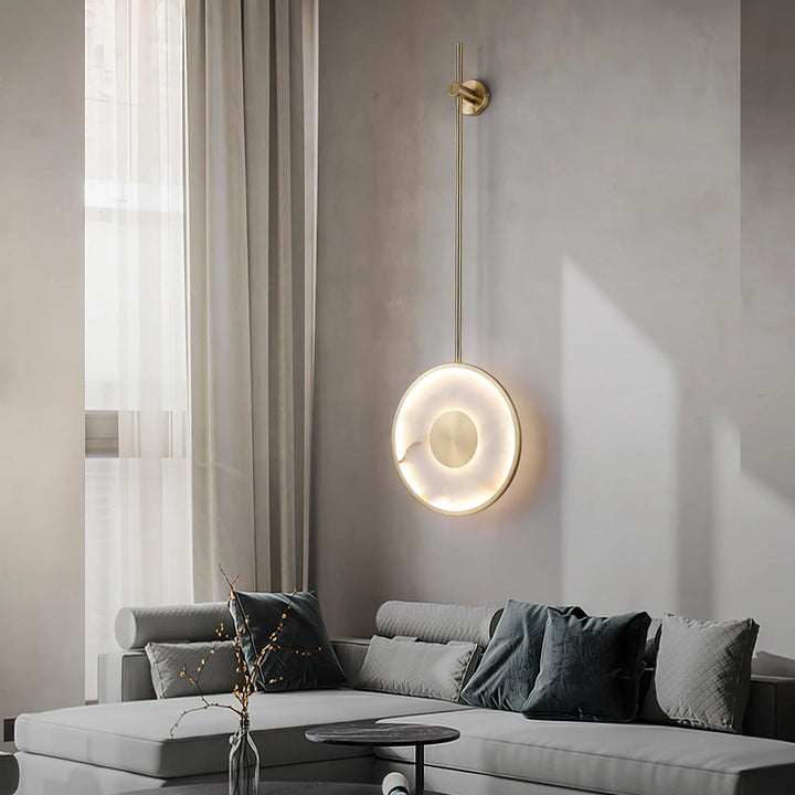 Round alabaster marble wall lamp, modern lighting, front view for living room