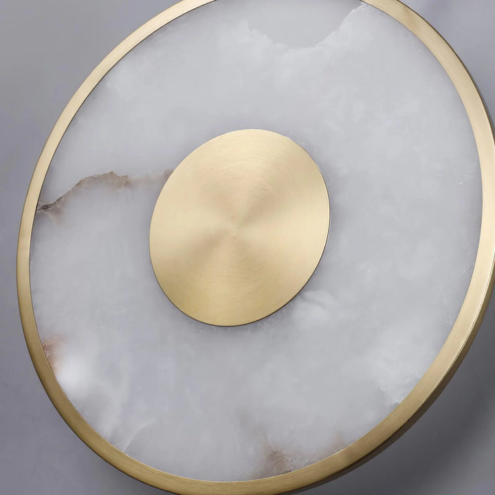 Round alabaster marble wall lamp, modern lighting, detailed view of middle marble