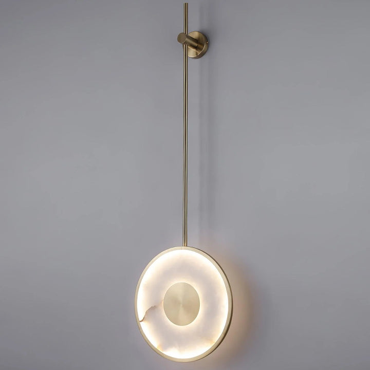 Round alabaster marble wall lamp, modern lighting, angled view for home décor