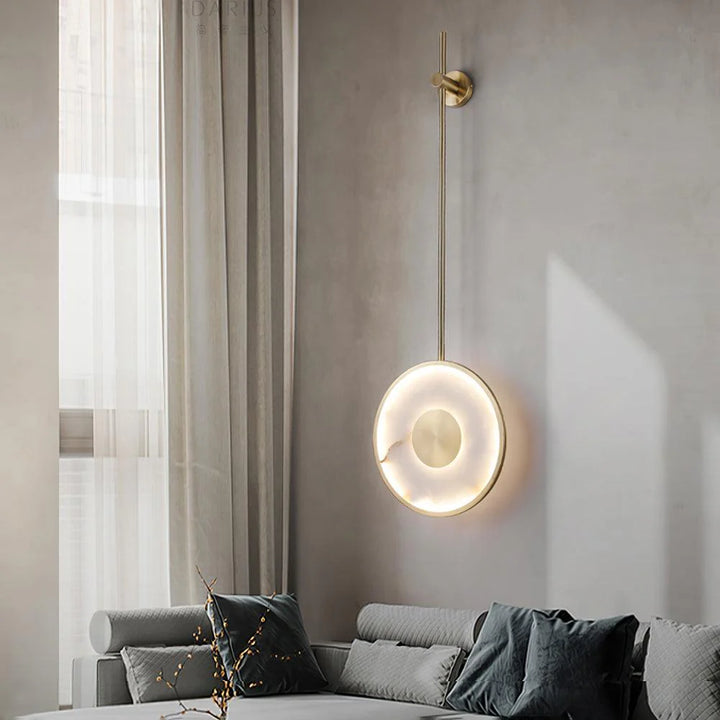 Round alabaster marble wall lamp, modern lighting, living room wall view