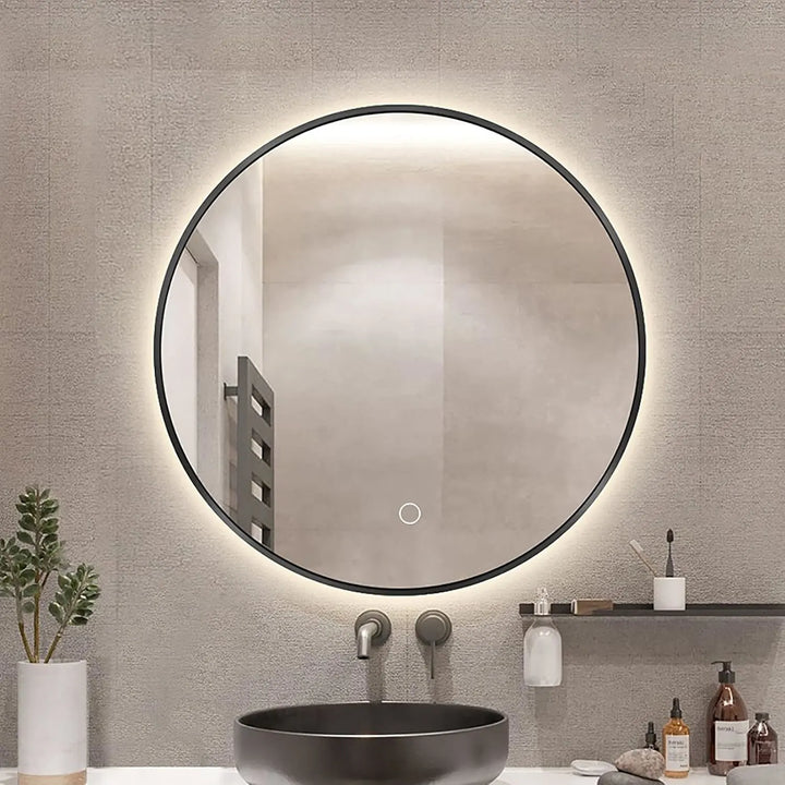 Round LED backlit bathroom mirror close-up view showcasing modern design and bright lighting