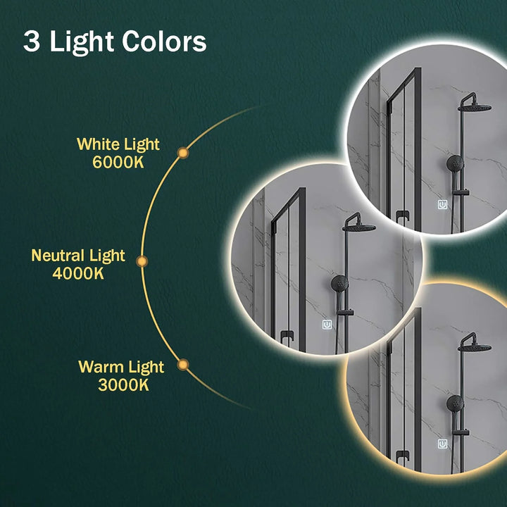 Round LED backlit bathroom mirror front view with adjustable LED color lighting