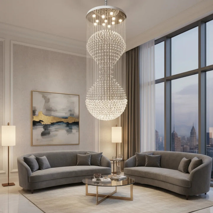 Sabina Staircase Rainfall LED crystal chandelier luxury lighting for living room view