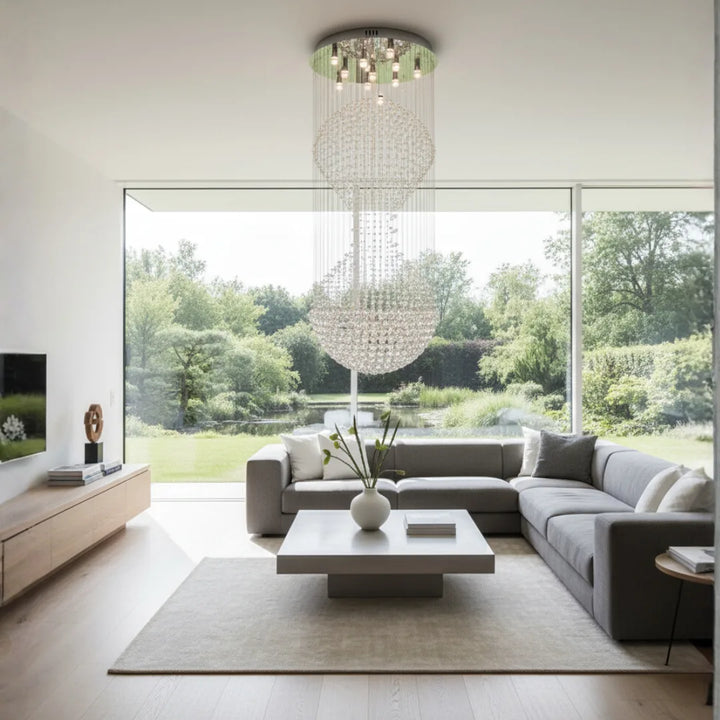 Sabina Staircase Rainfall LED crystal chandelier luxury lighting for living room view